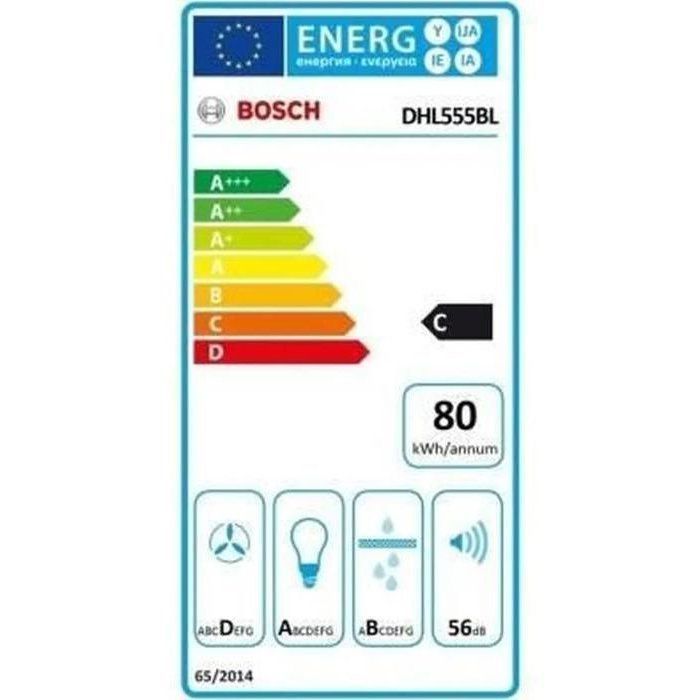 Groupe filtrant 650 m3/H - BOSCH DHL555BL - 50 cm - Classe C  79.8 kWh/an - Evacuation ou recyclage avec filtre à charbon DH - Métal