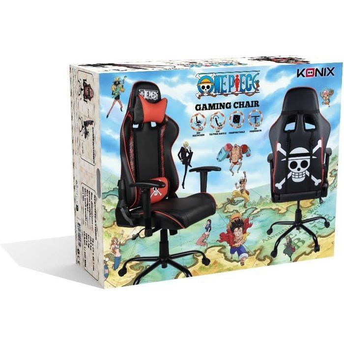 Cadeira de escritório gamer - KONIX - Monobloco - Reclinação do assento em 150° - Couro - Almofada lombar e cervical ajustáveis - Preta