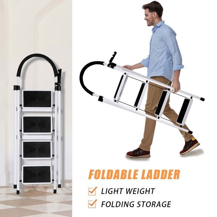 Escalera plegable de aluminio 2 en 1 - MIPAN - Escalera multifuncional - 4 peldaños - 133*74*39cm - Blanca