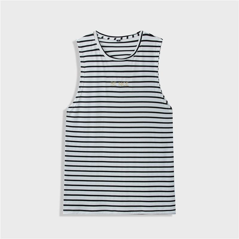 Canotta da uomo alla moda 2020, estiva, senza maniche, casual, a maniche corte, ricamata, a righe bianche e nere, 386