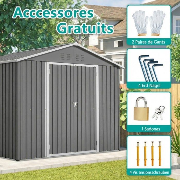 Caseta de jardín metálica - LANGTU - 229 x 180 cm - Antracita - Puerta doble de 106 cm - Acero galvanizado resistente a la corrosión