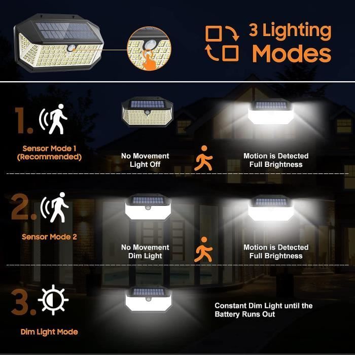 Lámpara solar exterior de 266 LED, 2600 lúmenes con sensor de movimiento y 3 modos de iluminación.
