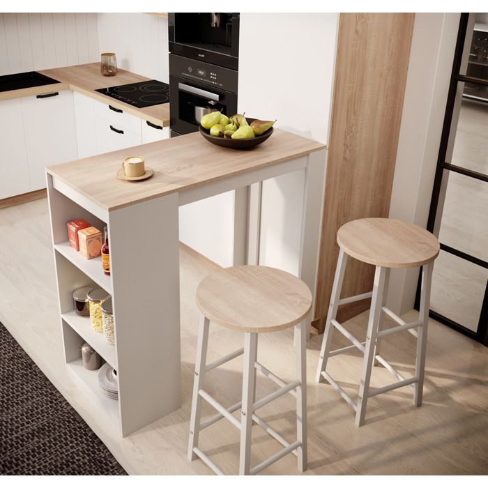 Table haute de bar avec deux tabourets | 110x103x50 cm | Blanc et Sonoma mat | Table de cuisine avec 3 étagères | Modèle Kyra