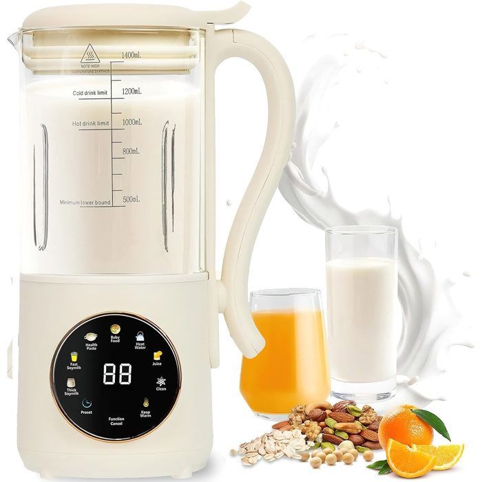 Máquina automática para hacer leche de soja de 1400 ml, batidora multifuncional con calefacción, 16 cuchillas de acero inoxidable, limpieza automática, inicio diferido.
