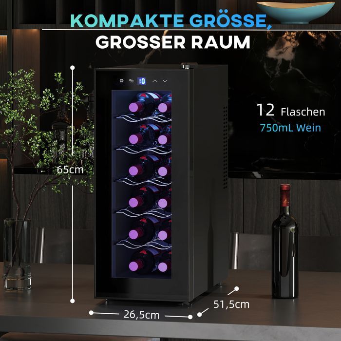 Wine Cellar - CDISPLAY - Wine Refrigerator with Glass Door - Silent - Holds 12 Bottles - 51.5 × 26.5 × 65 cm