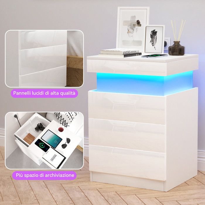 Bedside Table with USB Ports and Outlets - LDSZXNE - White - 3 Drawers - 16 Color LED Lights