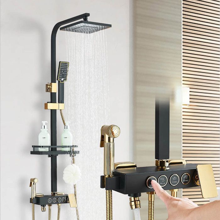 Columna de ducha negra y dorada, columna de ducha de baño de altura regulable, mezclador de ducha con ducha de mano y cabezal de ducha.