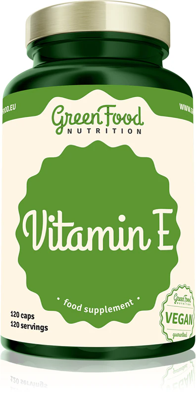 Suplemento alimentar de vitamina E da GreenFood Nutrition em cápsulas.