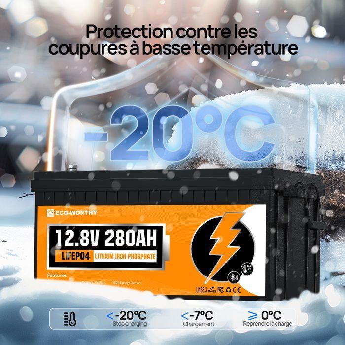 ECO-WORTHY 12V 280Ah Lithium LiFePO4 Battery with Bluetooth + 12V 20A / 24V 10A Battery Charger, Vehicle Battery for Motorhomes