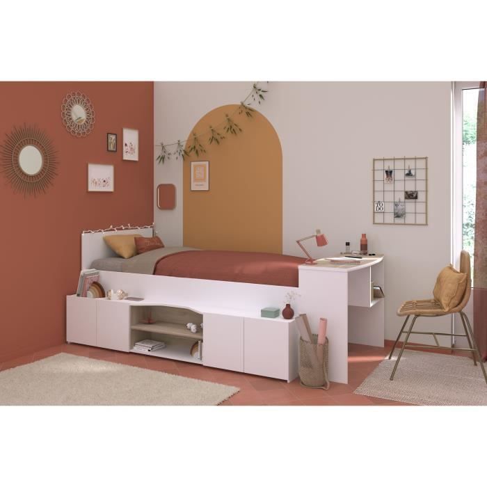 CLOE Children's Combination Bed with Storage and Desk - 90 x 200 cm - White and Oak Finish - PARISOT