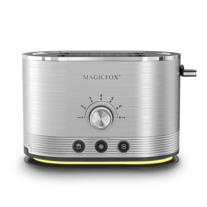 Tostadora MAGICFOX de 2 rebanadas, 850 W, descongelación, recalentamiento, expulsión automática, carcasa de acero inoxidable y luz LED en la base.