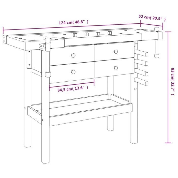 Banco de trabajo vidaXL con cajones y tornillos de banco 124x52x83 cm Madera maciza de acacia 153322