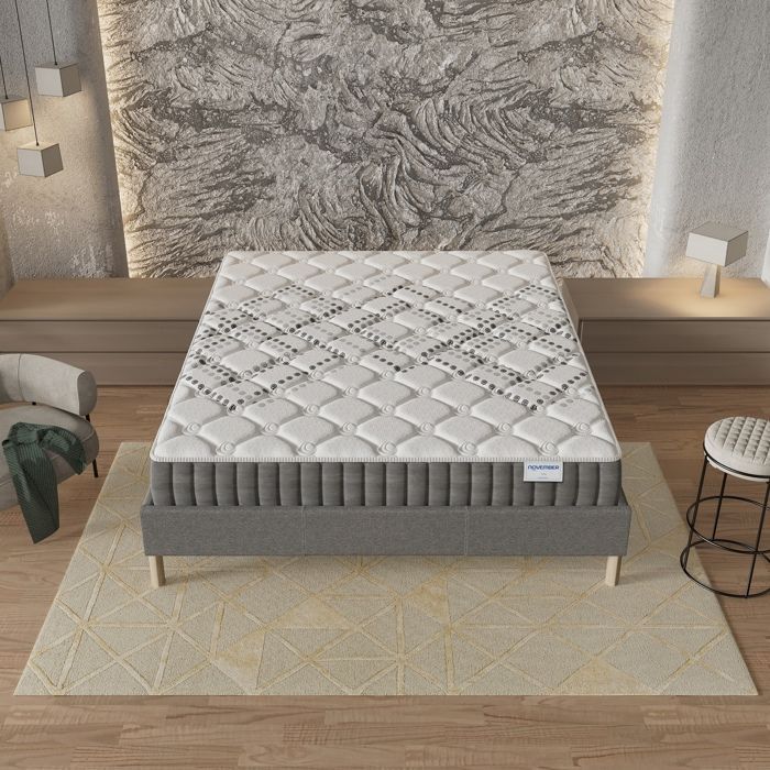 Colchón y base de cama (140x200cm) - Muelles ensacados Eliha y espuma de alta densidad de 20 cm de grosor + Base de cama de madera estable, Tela gris