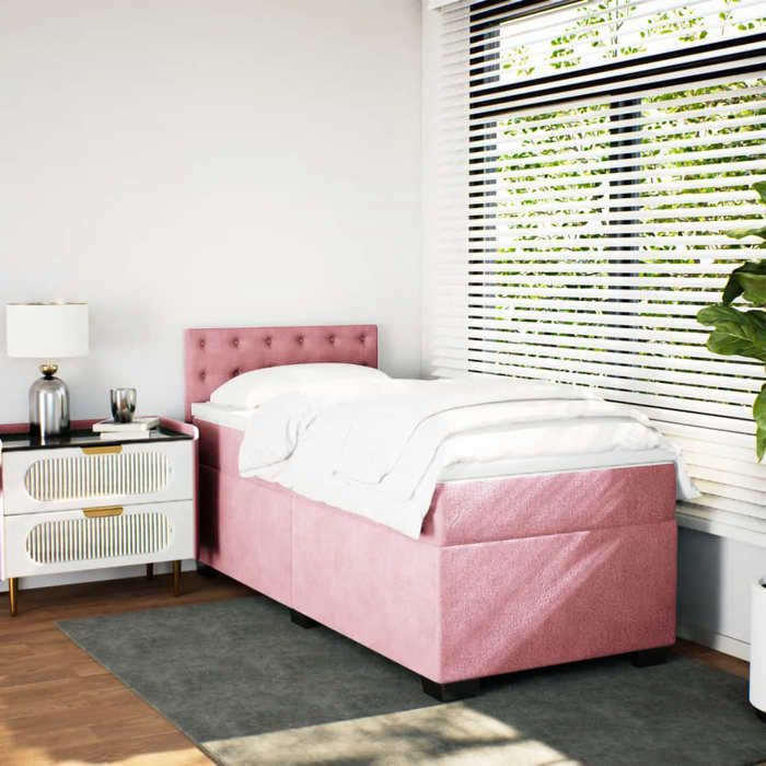 Struttura letto con materasso - Maison Exclusive - 90x200 cm - Velluto rosa - Massimo relax