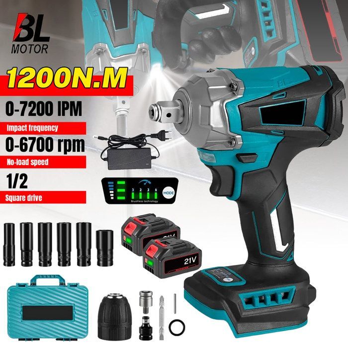 Llave de impacto inalámbrica de 1200 Nm, equipada con 2 baterías, 6 vasos de impacto y una luz de trabajo LED.