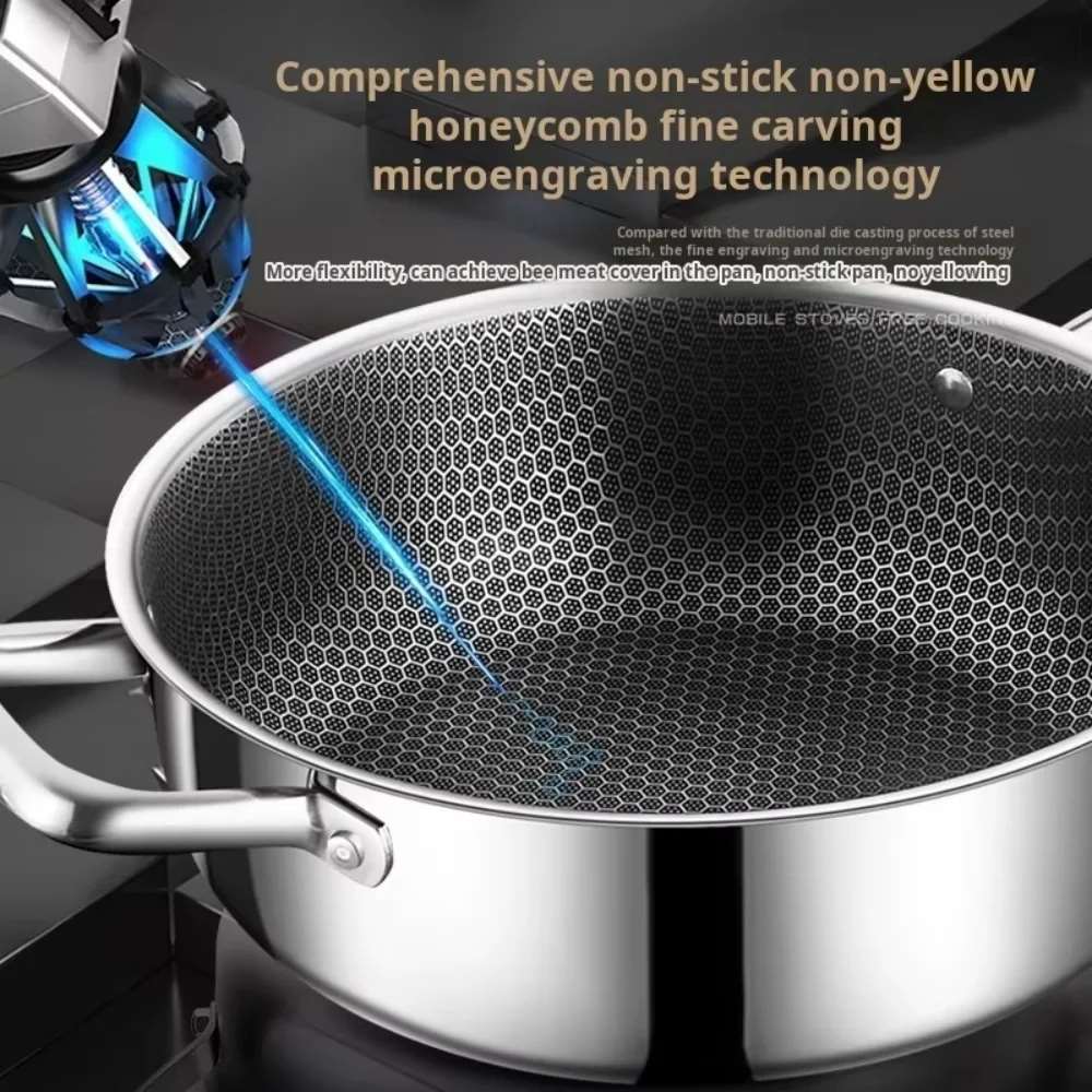 Marmite en acier inoxydable 410, poêle wok/wok universelle avec couvercle, revêtement antiadhésif alvéolé et couvercle, compatible avec les plaques à induction et à gaz.