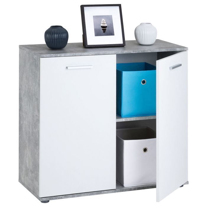 Buffet salle à manger CHICAGO L 91 cm en bois coloris béton et blanc avec 2 portes, meuble rangement
