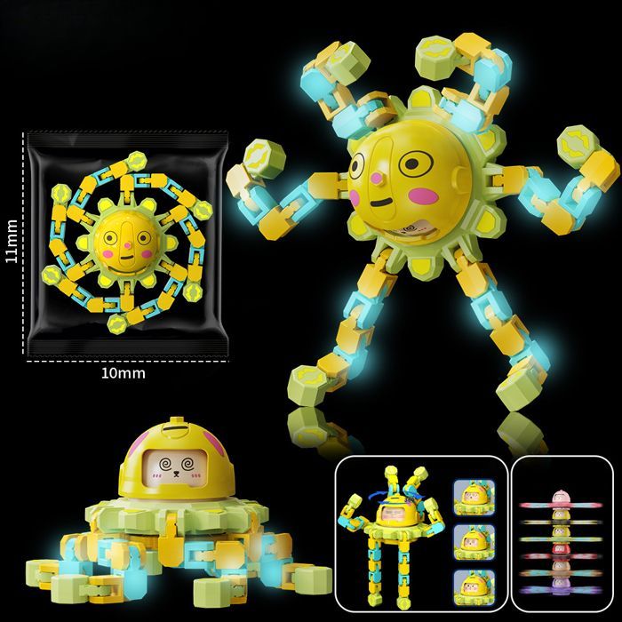 Toupie mécanique à changement de visage jaune luminescente, ludique et adaptée aux petits doigts.