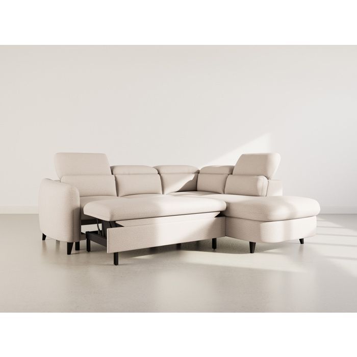 Opaline - 5-seater right-hand corner sofa bed with headrests and storage in textured fabric - Beige