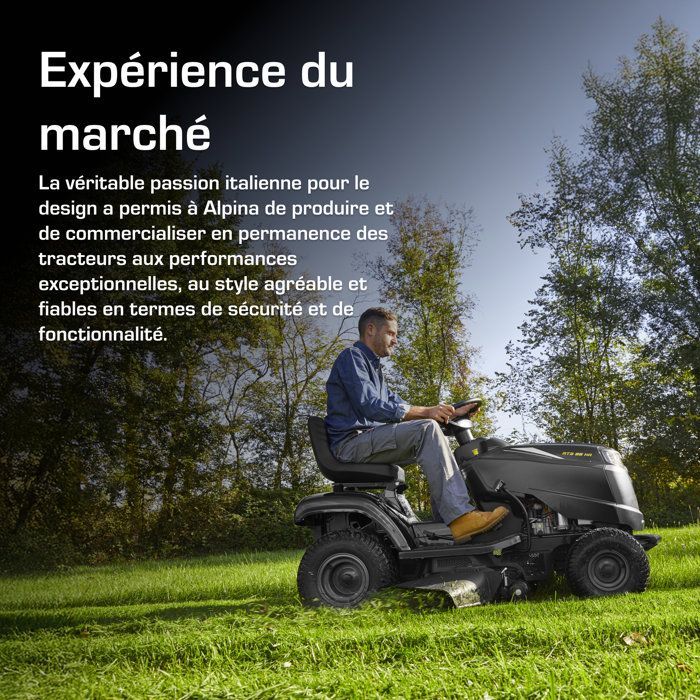 ALPINA AT3 98 HA petrol ride-on mower – 98cm cutting width – Up to 5000 m² – 414 cc hydrostatic transmission – side discharge