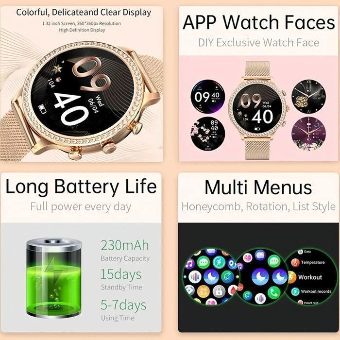 Montre Connectée Femme 1.3,360*360px Intelligente Appel Smartwatch Zirconia Incrusté,Bluetooth Fréquence Cardiaque pour Android iOS