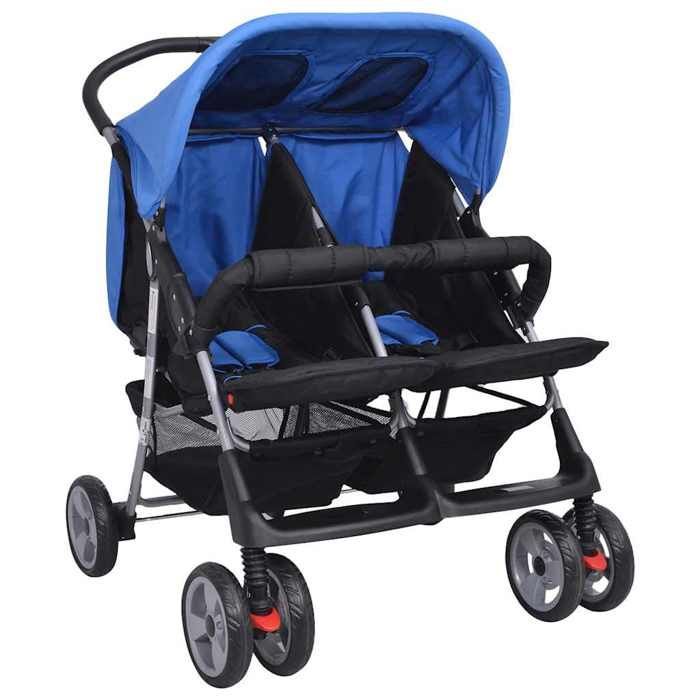 Double stroller - vidaXL - Steel - Blue and black - Adjustable backrest - Lockable wheels