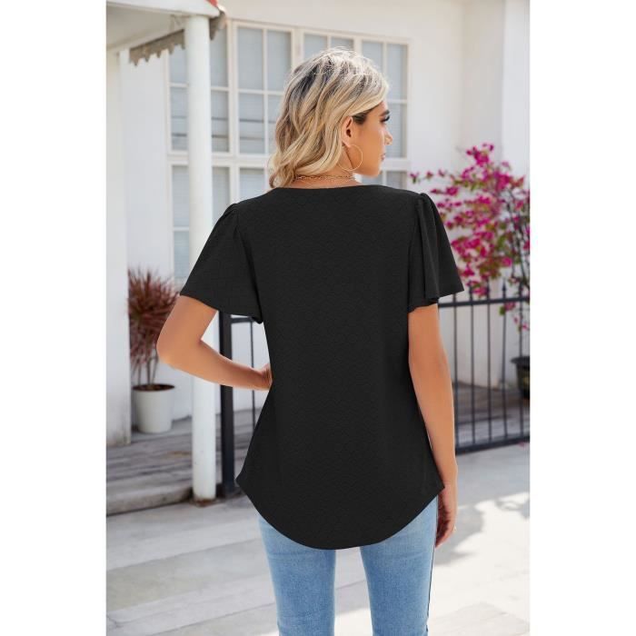 Damen-Sommer-T-Shirt mit kurzen Ärmeln, eckigem Ausschnitt, lässigem Schnitt, lockerer Passform, einfarbig, bequem – EU-Größe – Schwarz