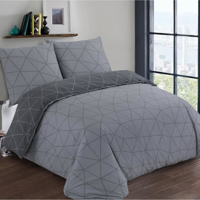 VISION Parure de couette Hugo - 100% coton - 1 housse de couette 200 x 200 cm + 2 taies d'oreiller 65 x 65 cm - Gris anthracite