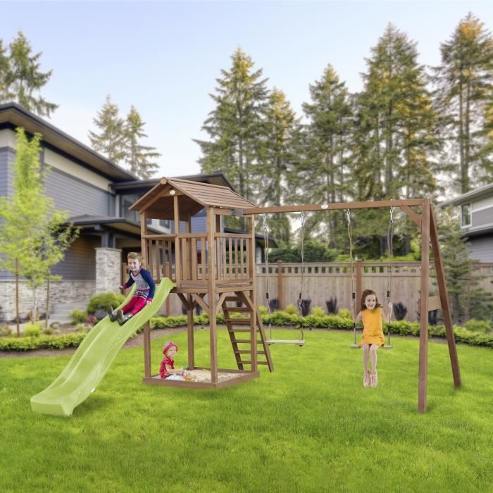 Área de juegos AXI Beach Tower con tobogán en verde claro, 2 columpios y arenero | Casita de juegos grande para exteriores en color marrón