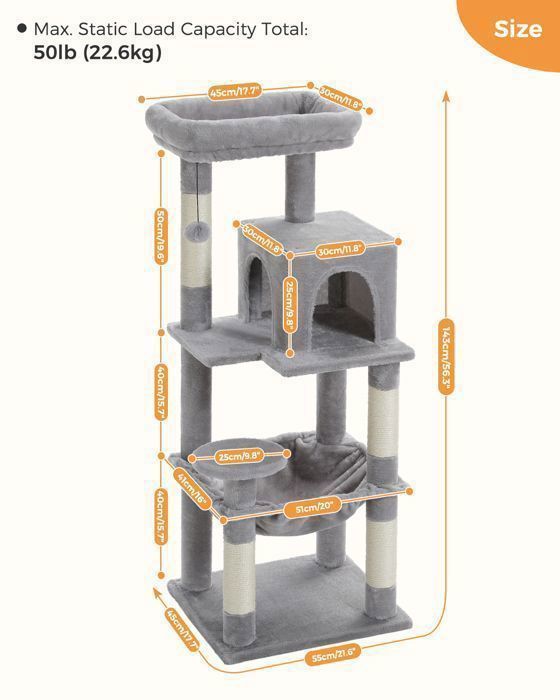 PAWZ Road Cat Tree, Spacious Design, Large, Sturdy Hammock with Hammock and Beautiful Cat House - Grey - 143 cm