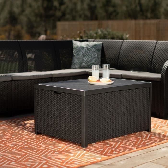 Conjunto de muebles de jardín ALLIBERT de 6 plazas en resina imitación mimbre con mesa de centro y espacio para guardar cojines - SanRemo - Gris grafito