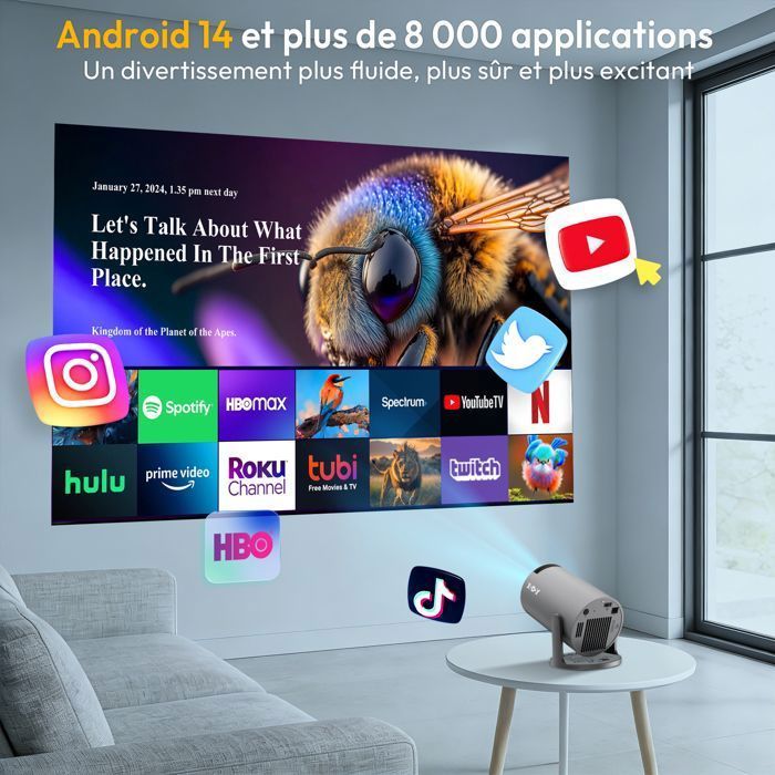 Mini-videoprojektori, tukee 4K- ja 8K-tarkkuutta, Android 14, WiFi 6, BT5.4-videoprojektori, 12000 lumenia, automaattinen keystone-projektori - harmaa