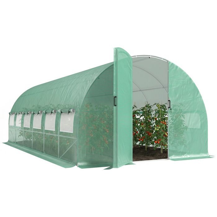 Invernadero tipo túnel Outsunny de 18 m² (295 x 597 x 200 cm) - con puertas y 12 ventanas con mosquiteras - Cubierta de PE de 140 g/m² - verde