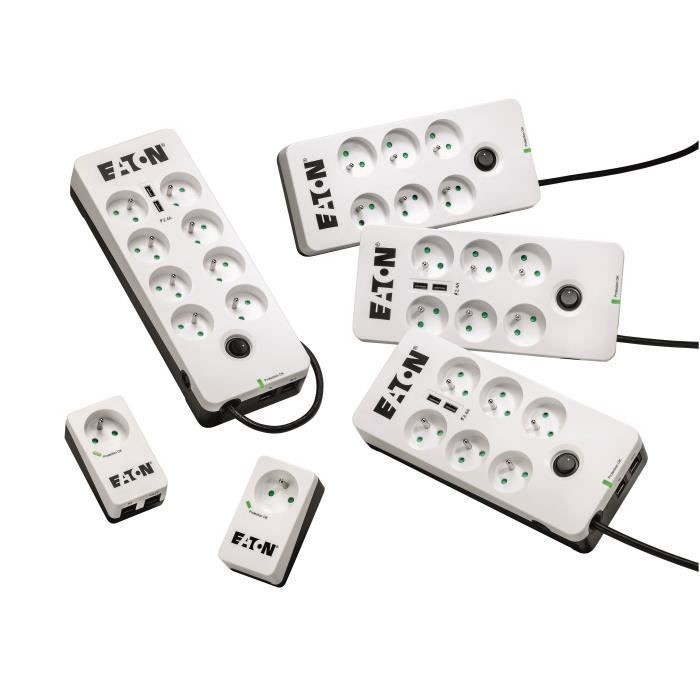 Skjøteledning/overspenningsvern - EATON Protection Box 6 Tel USB FR - PB6TUF - 6 franske stikkontakter + 1 tel/RJ-kontakt + 2 USB-porter - Hvit og svart