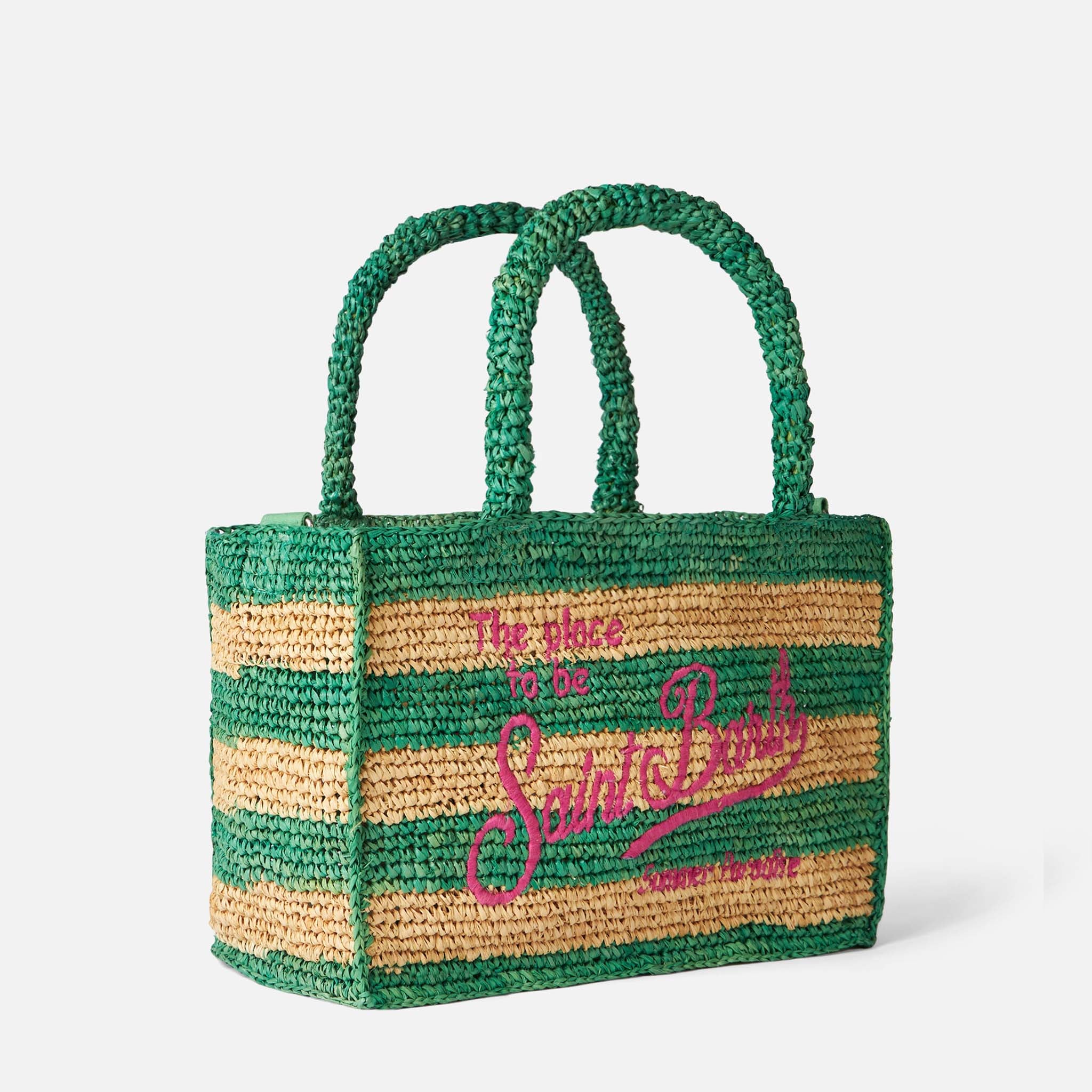 Colette tas van wit en groen gestreept raffia