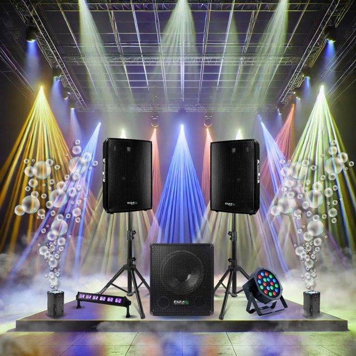 Pacchetto audio DJ Ibiza 2200W - Subwoofer SUB15A da 800W - 2 altoparlanti DISCO15B da 700W - 2 macchine per bolle di sapone - 2 effetti luce
