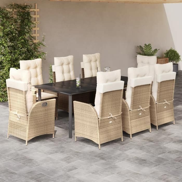 Conjunto de comedor de jardín de ratán sintético - vidaXL - 9 piezas - Mesa 200x100x74 cm - Sillas reclinables