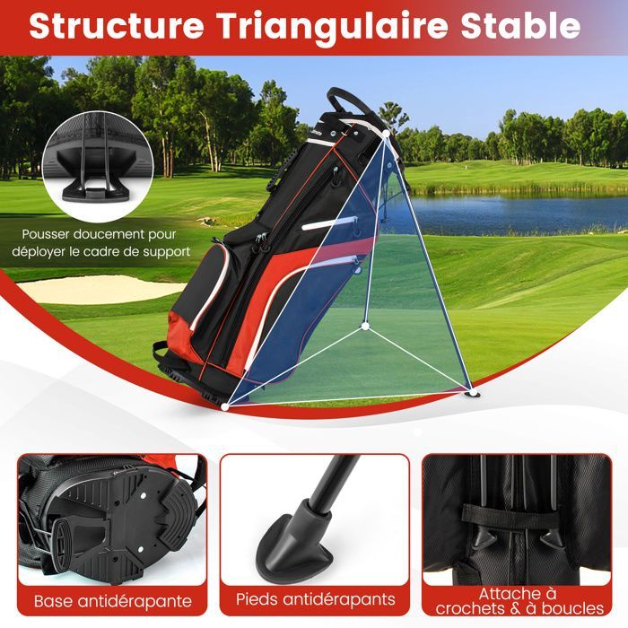 Bolsa de golf trípode COSTWAY - Capucha impermeable - Divisores superiores de 14 vías - 6 bolsillos - Bolsa isotérmica - Correas dobles - Roja