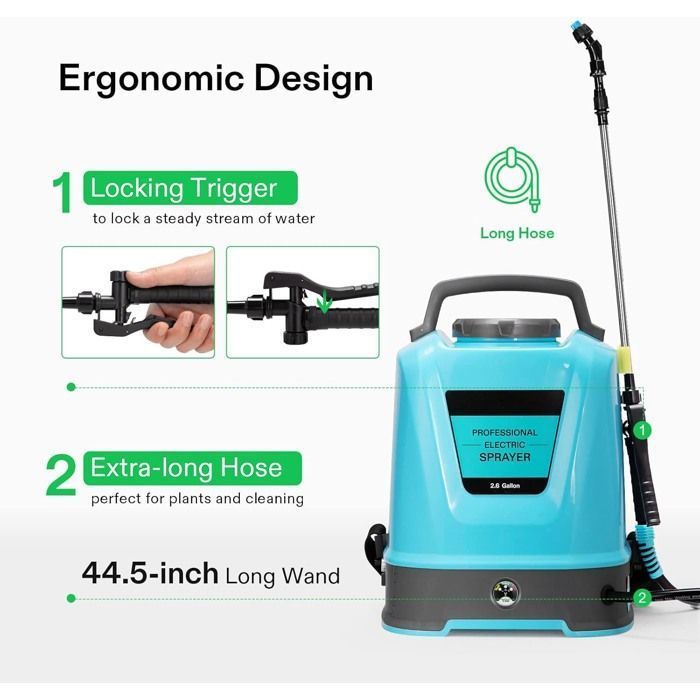 Pulverizador eléctrico de mochila de 10 litros - Alta presión, 6 boquillas - 3 horas de autonomía - Diseño ergonómico - Para jardinería y agricultura