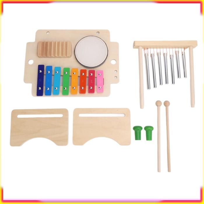 Batería infantil, instrumento musical para bebés que incluye xilófono, campanillas, tambor y raspador.