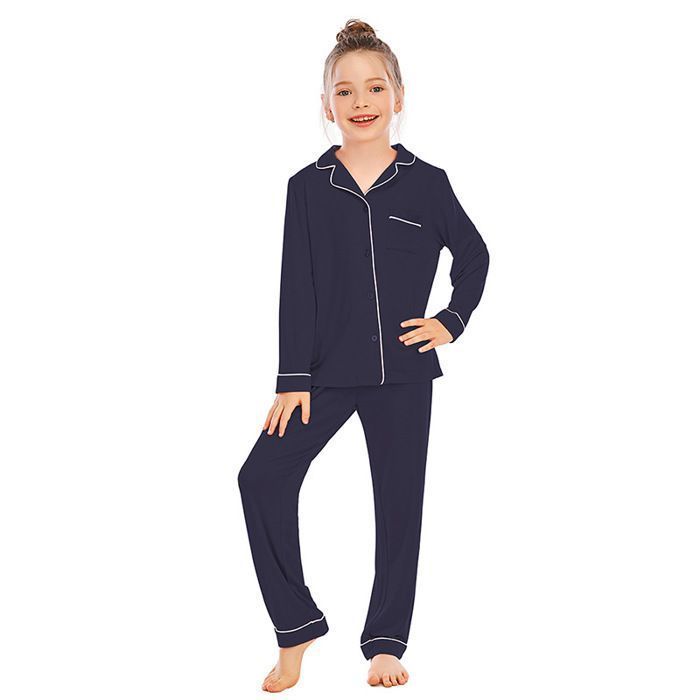 Pijama de manga larga para niña, de entretiempo, color liso, cómodo - Azul marino