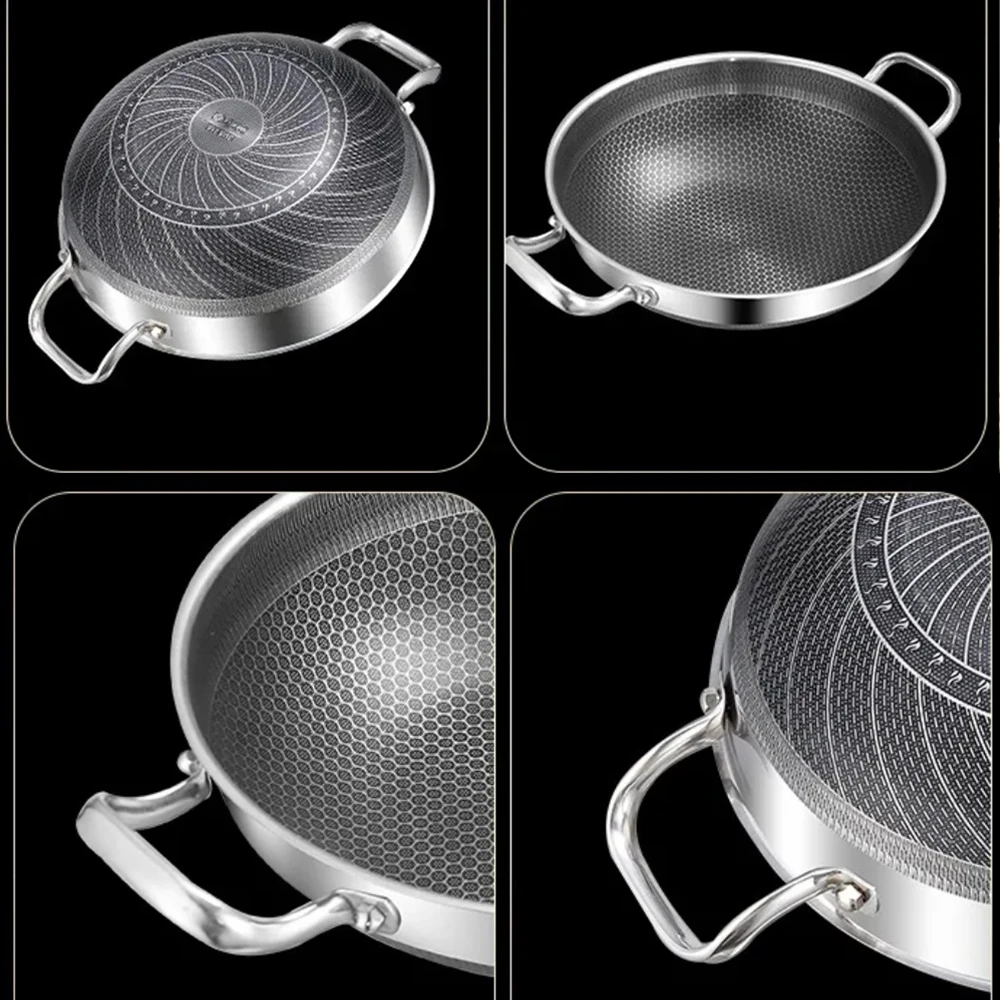 Casserole en acier inoxydable de 32 cm avec couvercle, double face antiadhésive à revêtement nid d'abeille, compatible avec les plaques à induction et à gaz.