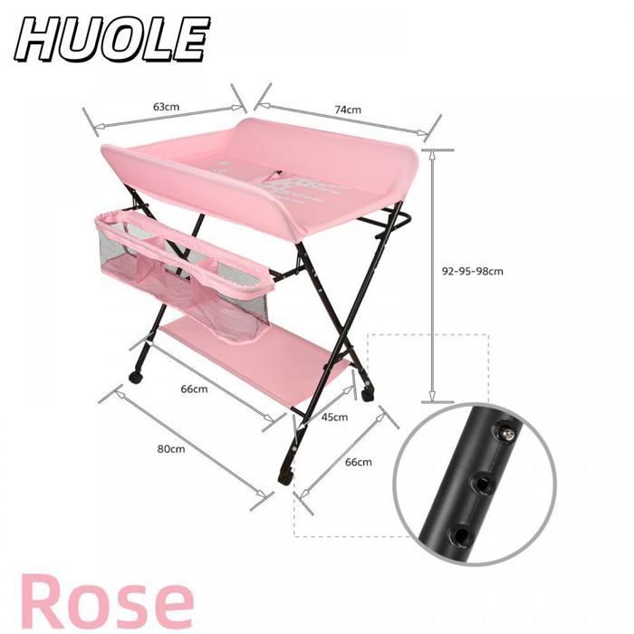TABLE - Table à langer rose avec panier de rangement et porte-vêtements - Hauteur réglable - 80*66*98 cm - HUOLE
