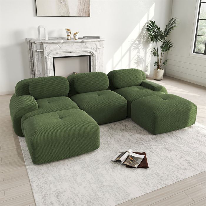 DRIPEX Canapé 3 places d'angle modulable-en Velours côtelé - avec 3 oreillers et 2 pouf - 298x178x75cm - Vert
