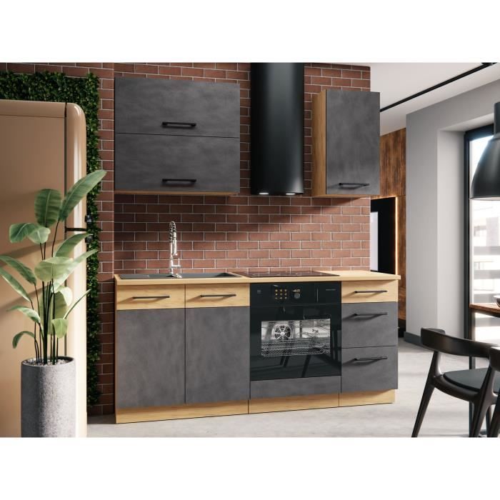 Cocina completa ROCK L180 cm - 5 módulos + mueble para horno - Acabado en melamina color roble Lancelot y gris Matera - Encimera antiadherente