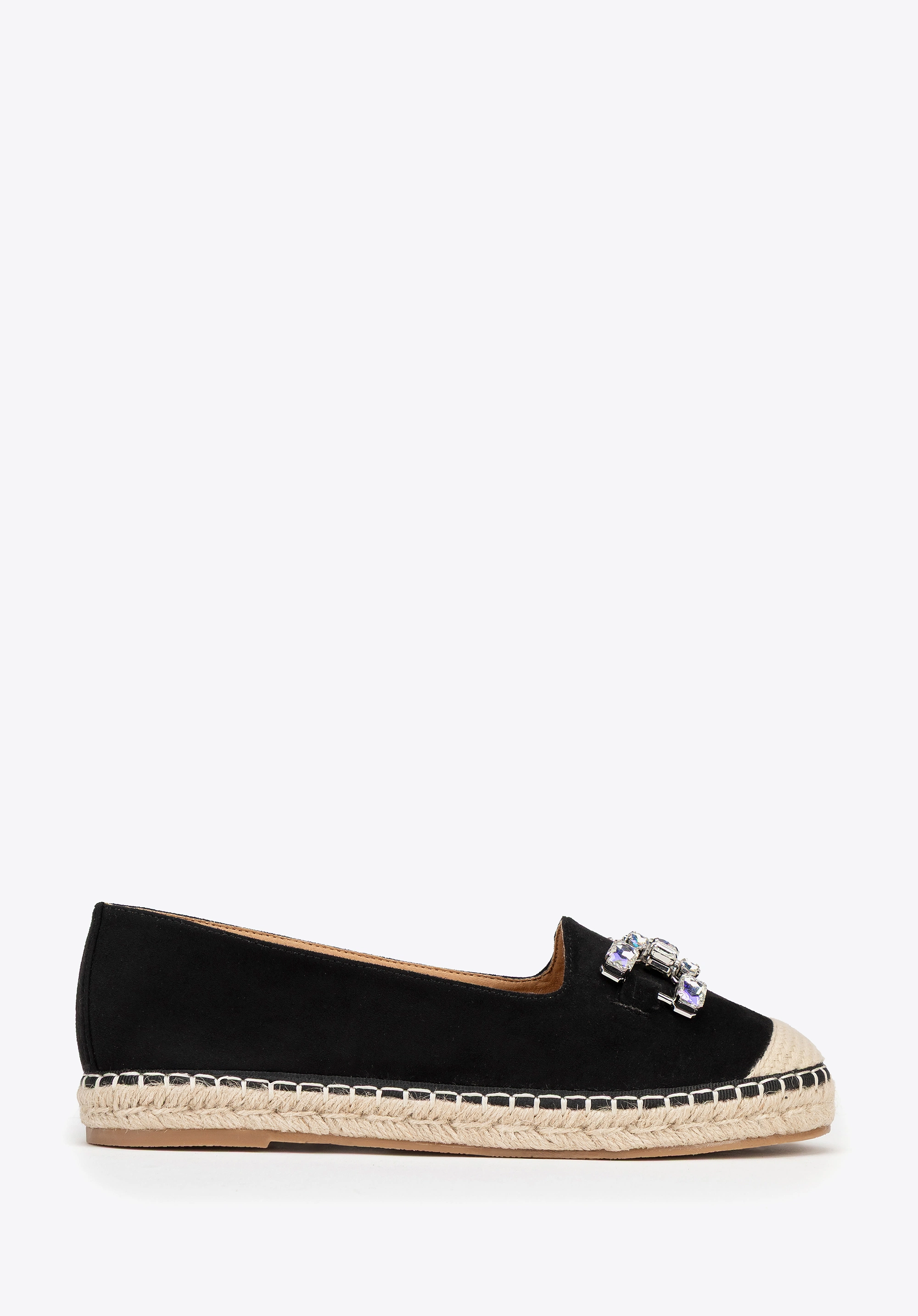 Damskie espadryle z biżuteryjną ozdobą czarno - beżowe