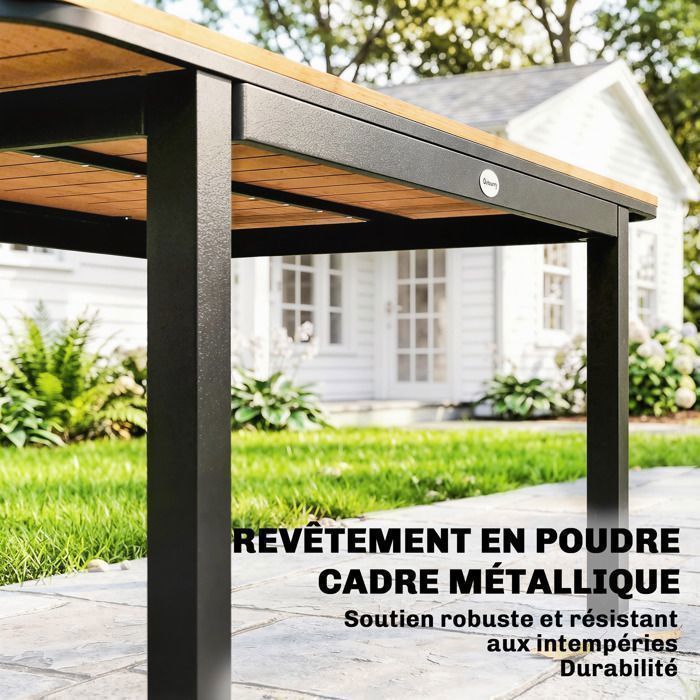 Mesa de jardín rectangular de madera compuesta con estructura metálica y tablero de listones, 127x70cm, color marrón [sillas no incluidas].