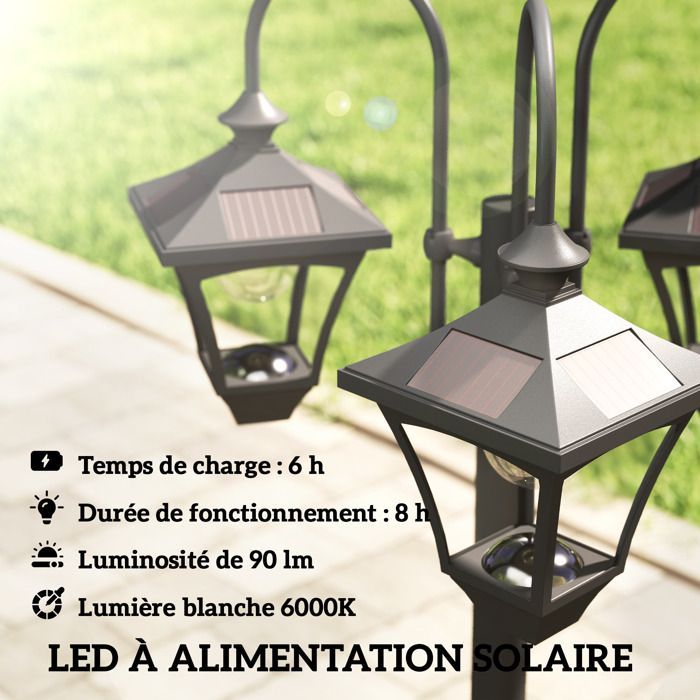Lampadaire extérieur - Outsunny - 3 têtes LED, avec bac à fleurs, étanche, hauteur réglable - acier abs - 52x52x185cm - noir