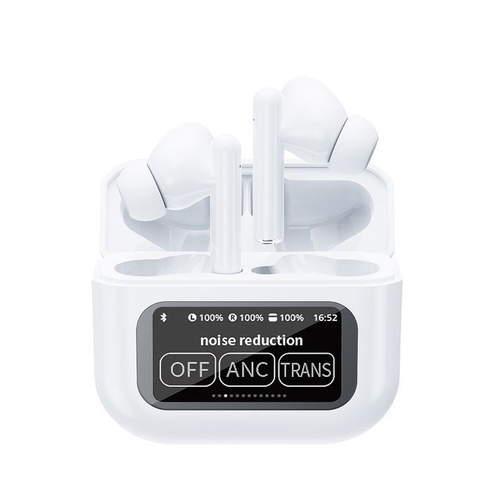 Auriculares inalámbricos DAM KW-07 TWS, Bluetooth 5.4, con cancelación activa de ruido (ANC). Estuche de carga con pantalla LED. 6,1 x 2,6 x 5,1 cm. Blanco.