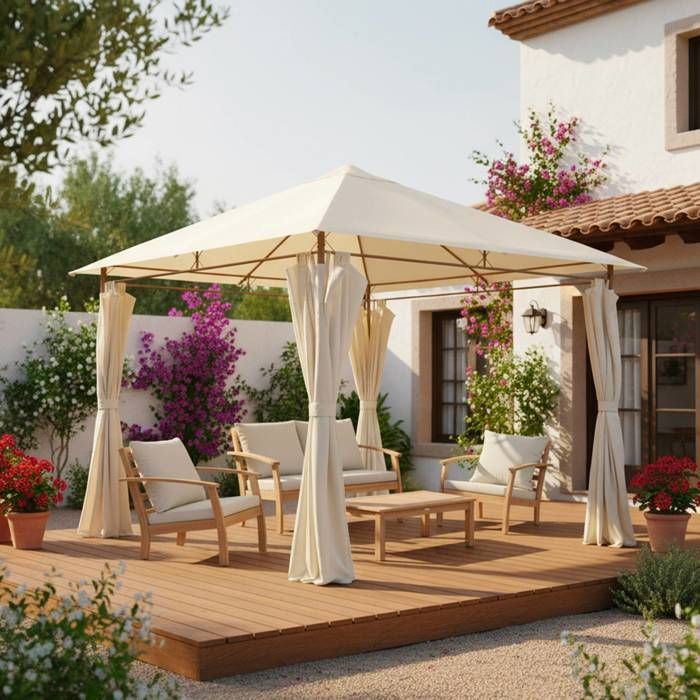 3x3 m Pavillon – Elusa – Holzoptik. Ecrufarbenes Segeltuch – Pergola mit Vorhängen. Gartenzelt. Festzelt. Partyzelt.